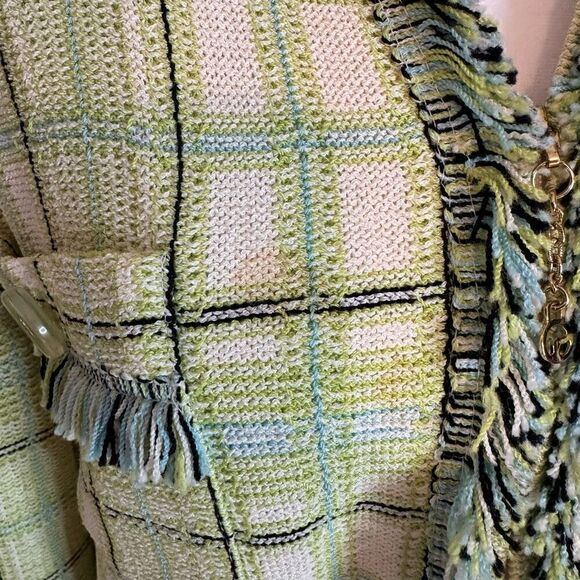 St. John Collection Size 10 Boucle Tweed Zip Up Jacket Green Fringe Plaid Preppy - Picture 9 of 10